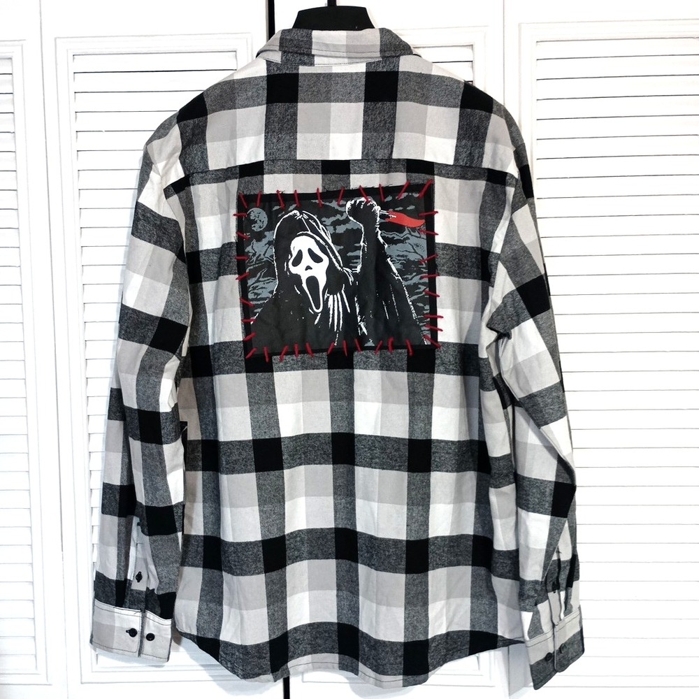 Ghost Face Flannel Long Sleeve Shirt Scream Horror Movie Ghostface Slasher XL